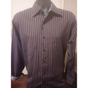 Visconti Uomo Shirt Mens XL Vertical Brown Striped Flip Cuff Dress Button Up